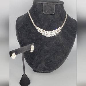 Rhinestone Silvertone Glamour Prom, Evening Necklace and Earrings Set